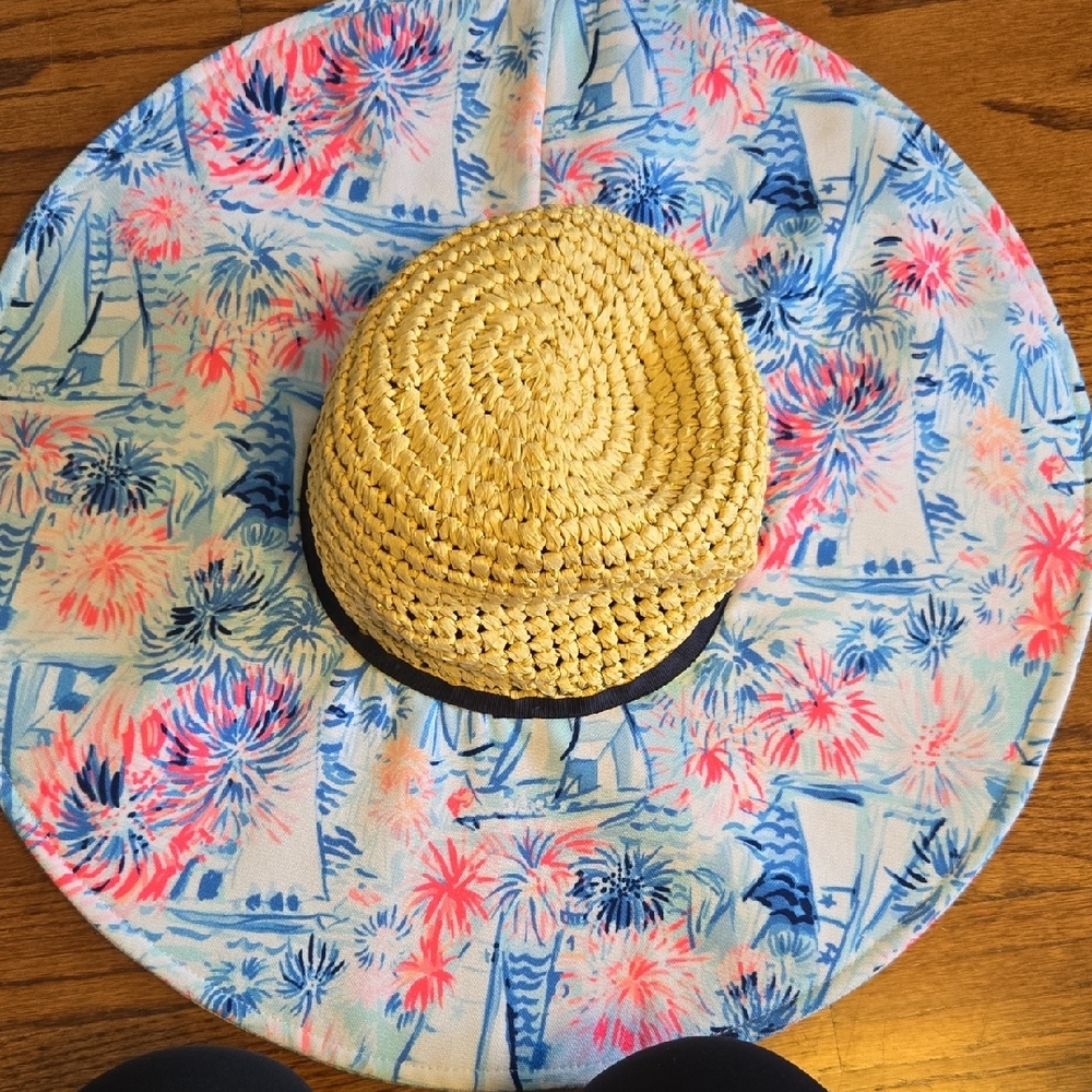 Lilly Pulitzer OSFM Blue/Pink Floral Straw Sun Protection Beach Pool Hat - Picture 10 of 10